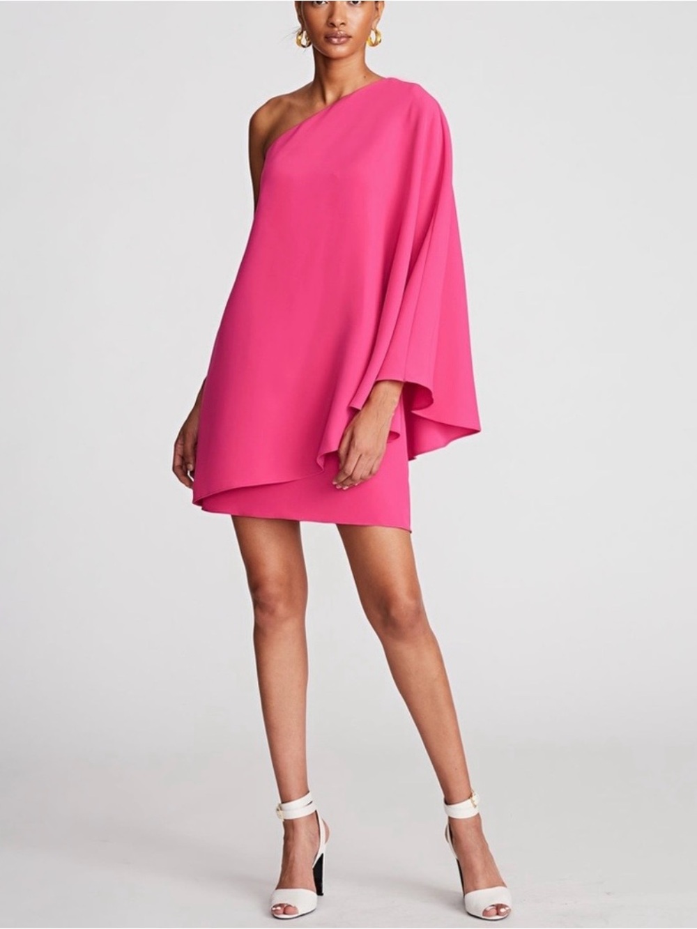 Halston Melina One-Shoulder Draped Cape Sleeve Stretch Crepe Hot Pink Mini Dress